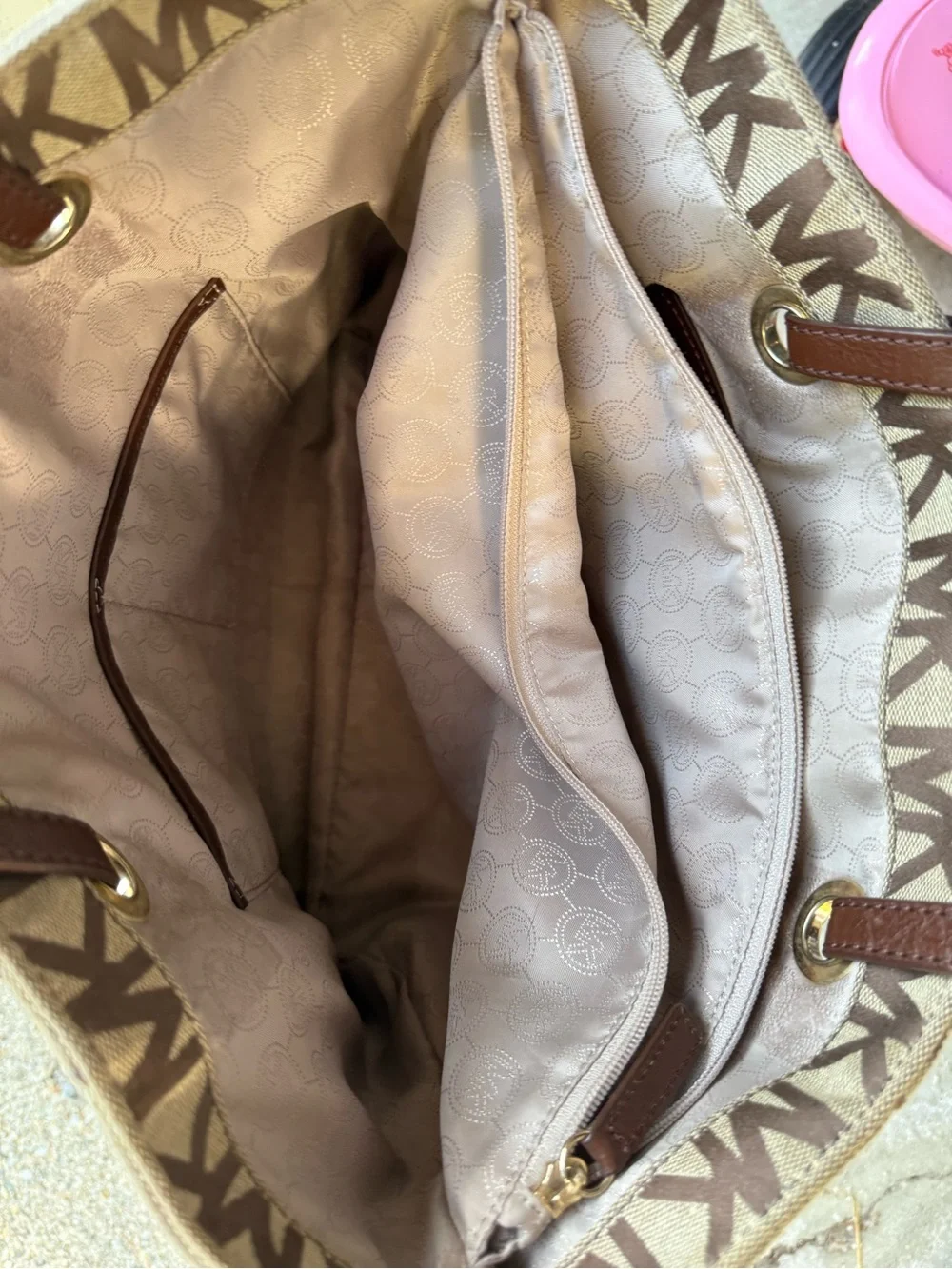 Michael Kors Tan and Brown MK Logo Canvas Tote